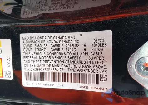 2023 Honda Civic Sport из США, поврежденный, VIN 2HGFE2F59PH556177